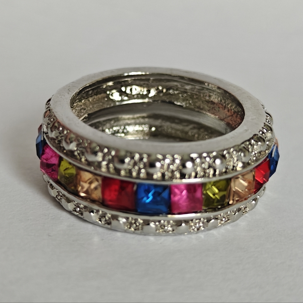 Multicolor Eternity Colorful Baguette Crystals Silver Plated Band Ring